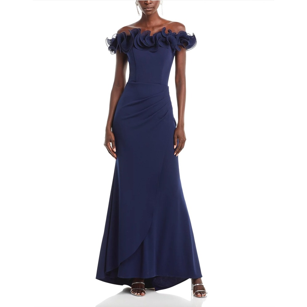 Aqua Ruffled Neck Evening‎ Formal Gown Size 8 Navy Event